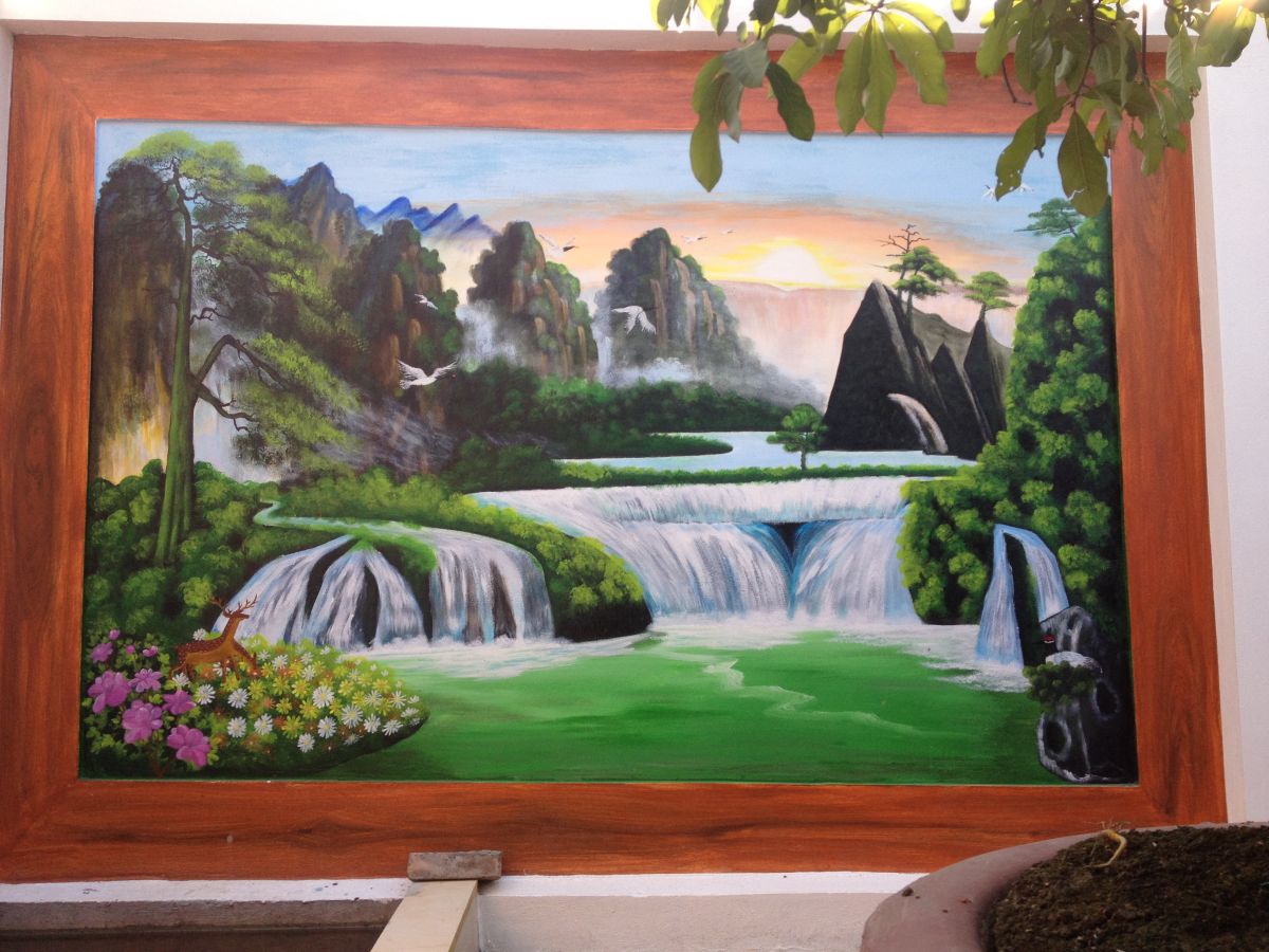 vẽ tranh tường phòng khách tranh sơn thuỷ